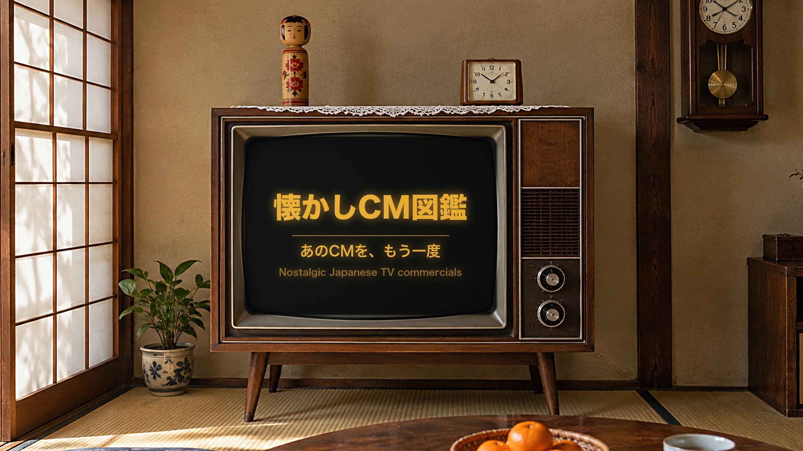 木目のブラウン管テレビと、お茶の間。画面には懐かしCM図鑑のチャンネル名と「あのCMを、もう一度」の文字。